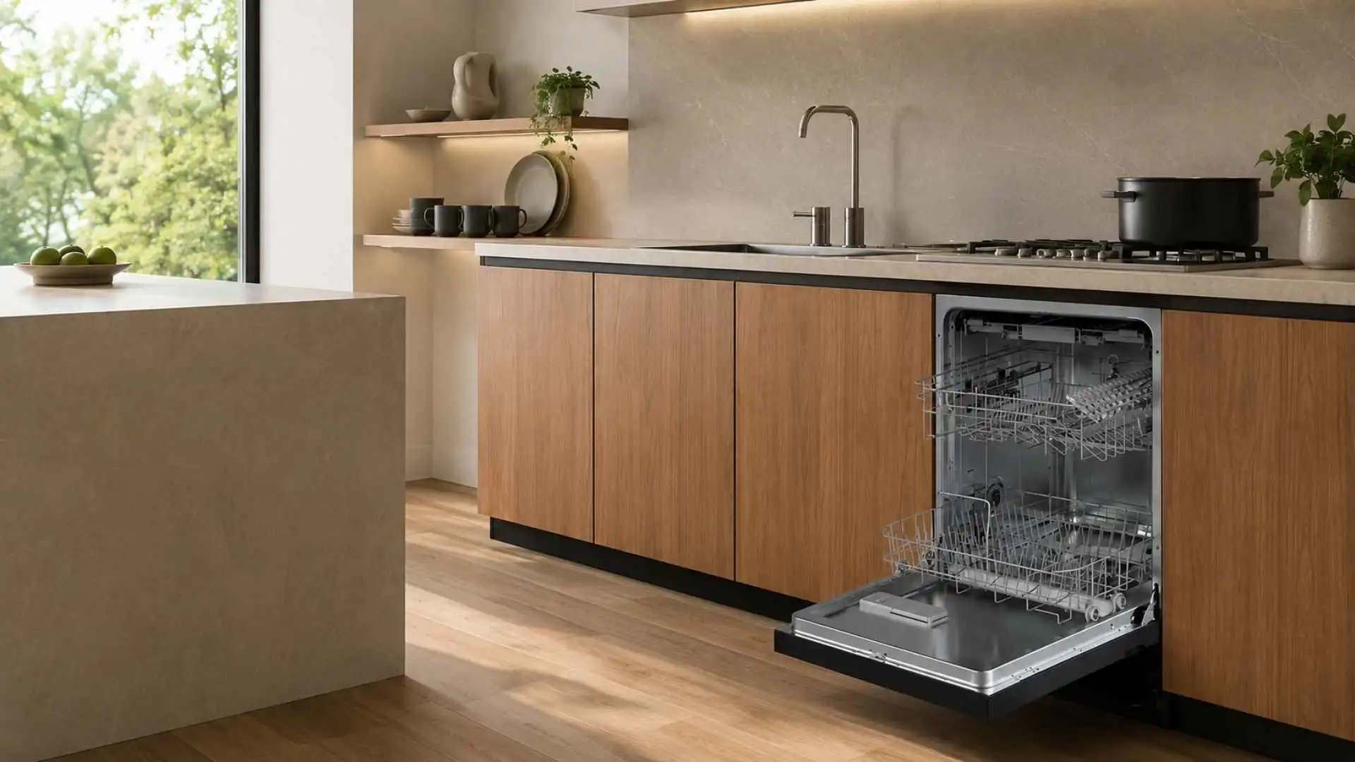Lava-Louças 14 Serviços EOS ELL14P preta aberta instalada sob bancada de cozinha planejada