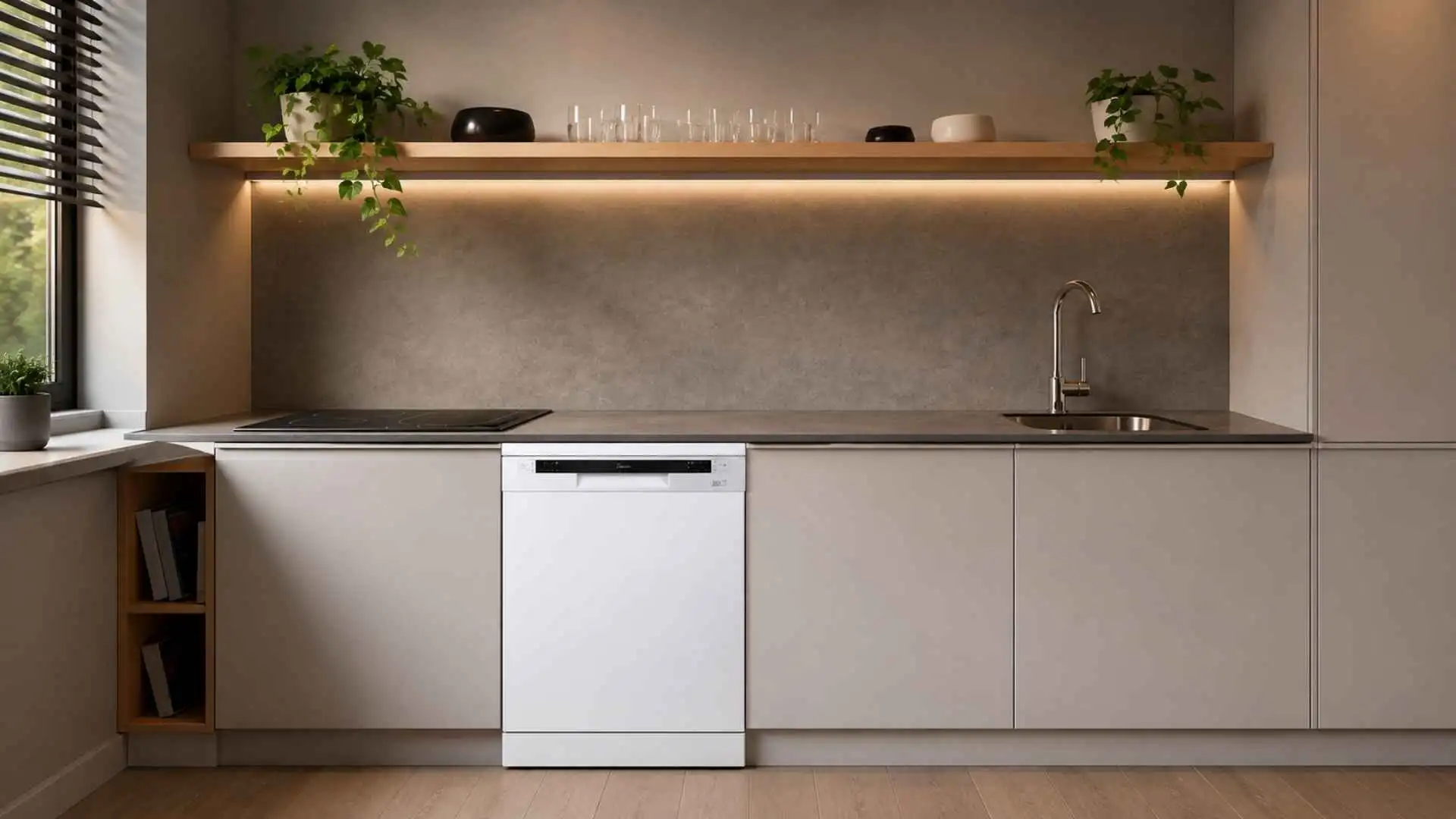 Lava-Louças 14 Serviços Midea Branca instalada sob a bancada em cozinha planejada moderna