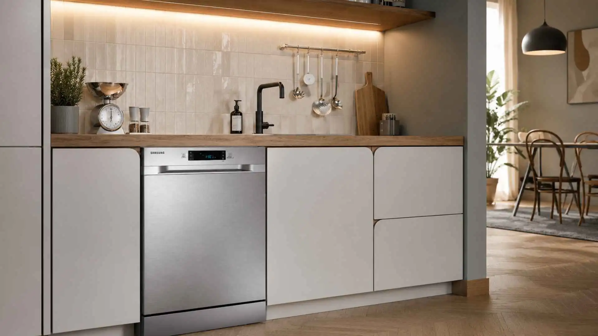 Lava-Louças 14 Serviços Samsung DW60 instalada sob bancada em cozinha moderna planejada