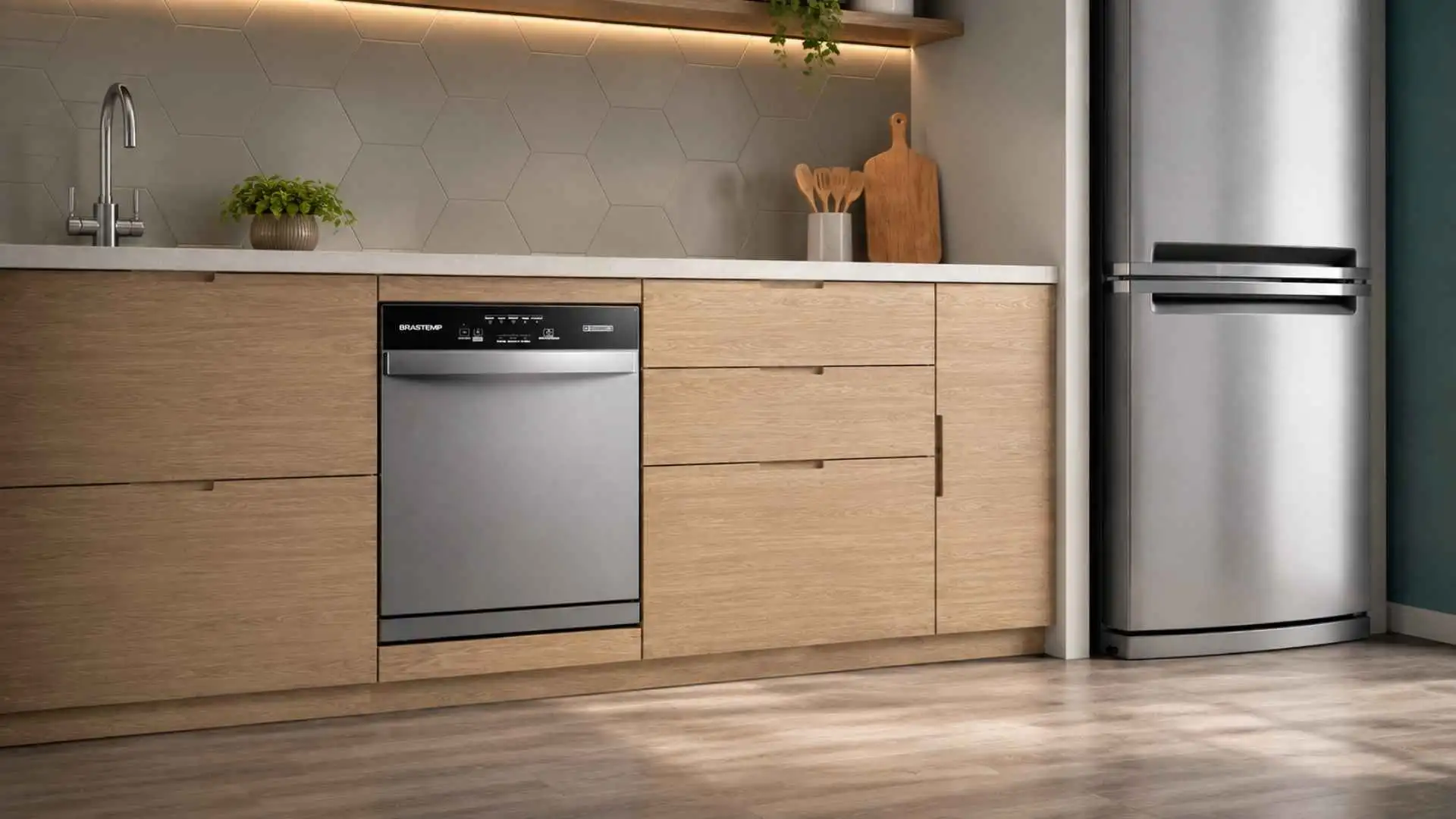 Lava-Louças Brastemp 8 Serviços BLF08BS cinza instalada sob a bancada de cozinha planejada
