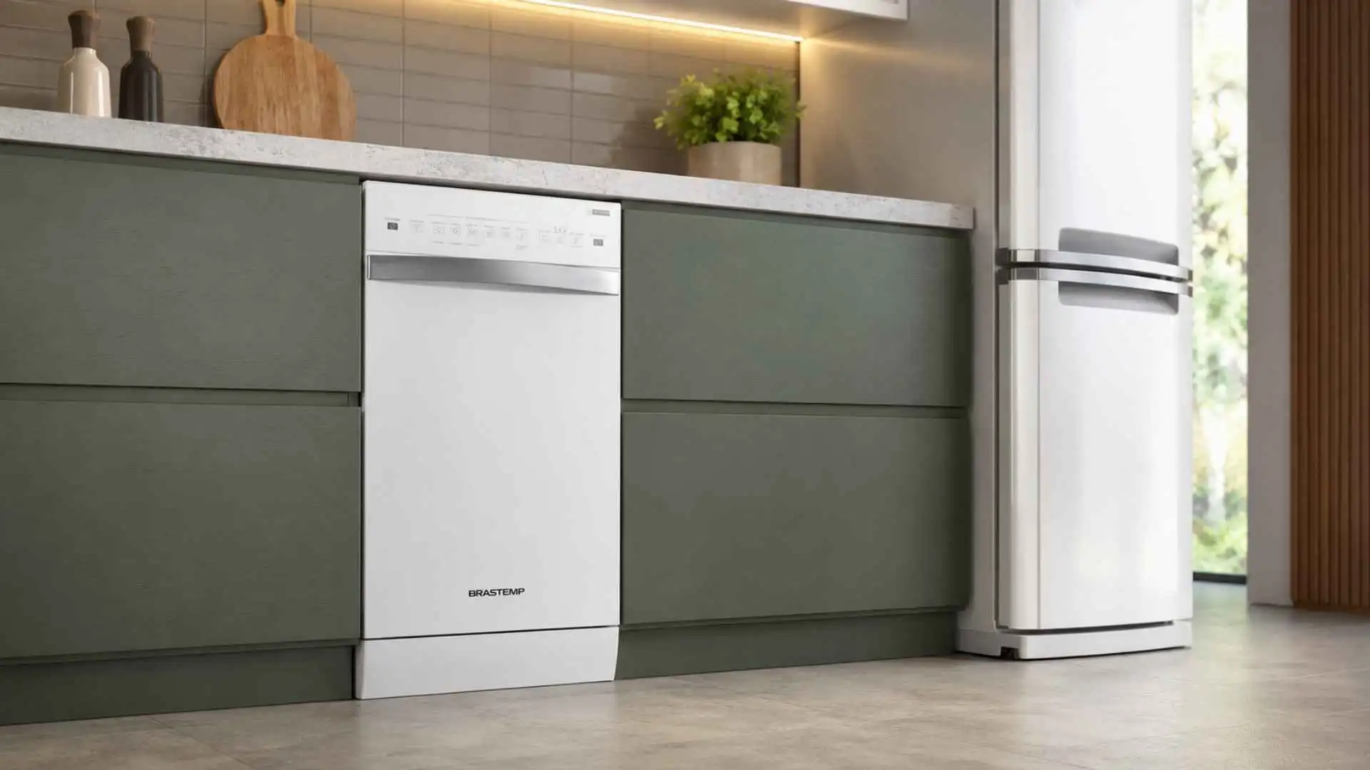 Lava-Louças Brastemp BLF10BB 10 Serviços branca instalada sob a bancada da cozinha