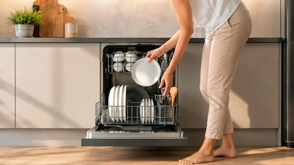 Cestos internos e organização da Lava-Louças EOS Premium 10 Serviços ELL08S aberta com louças e pratos