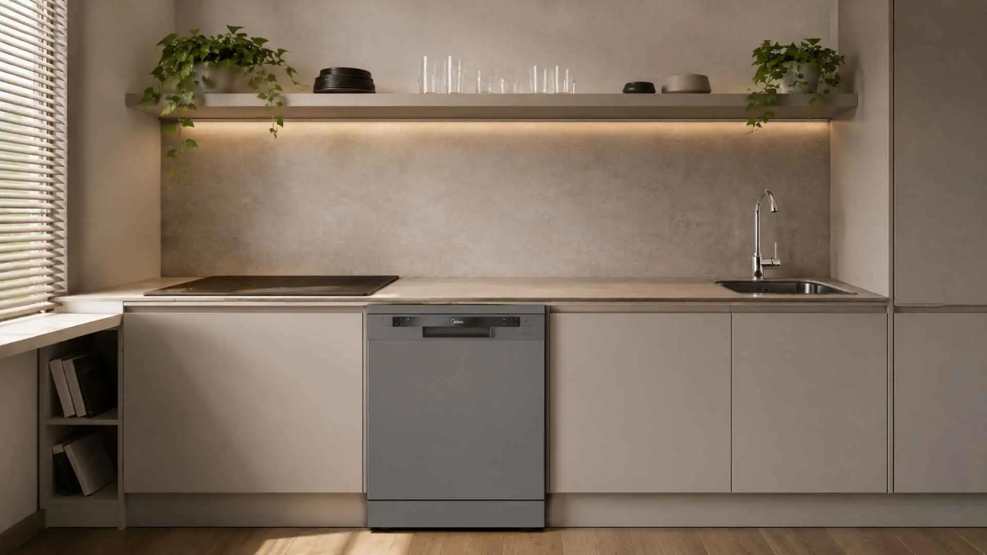 Lava-Louças Midea 14 Serviços DWA14S1 na cor cinza instalada sob a bancada de uma cozinha planejada moderna