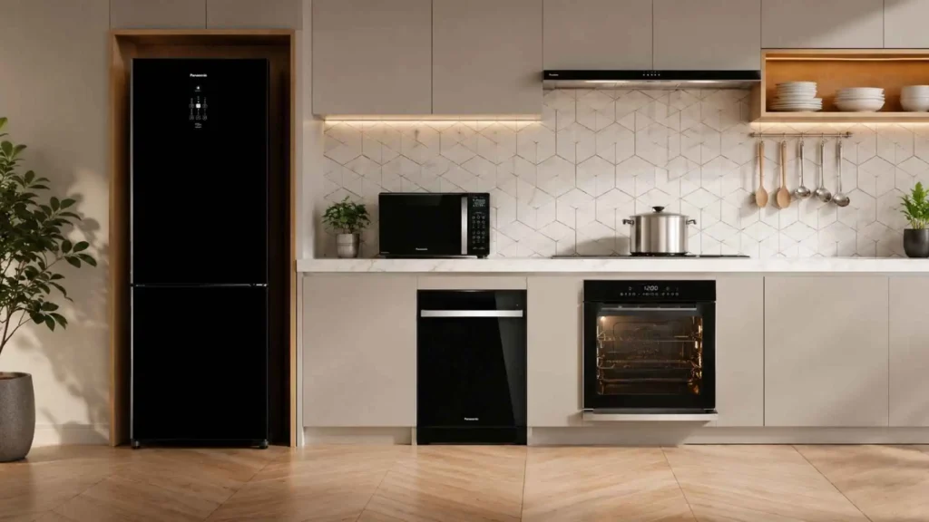 Cozinha planejada moderna decorada com a Lava-Louças Panasonic 15 Serviços NP-6M1MBKBRP integrada a outros eletrodomésticos da linha preta