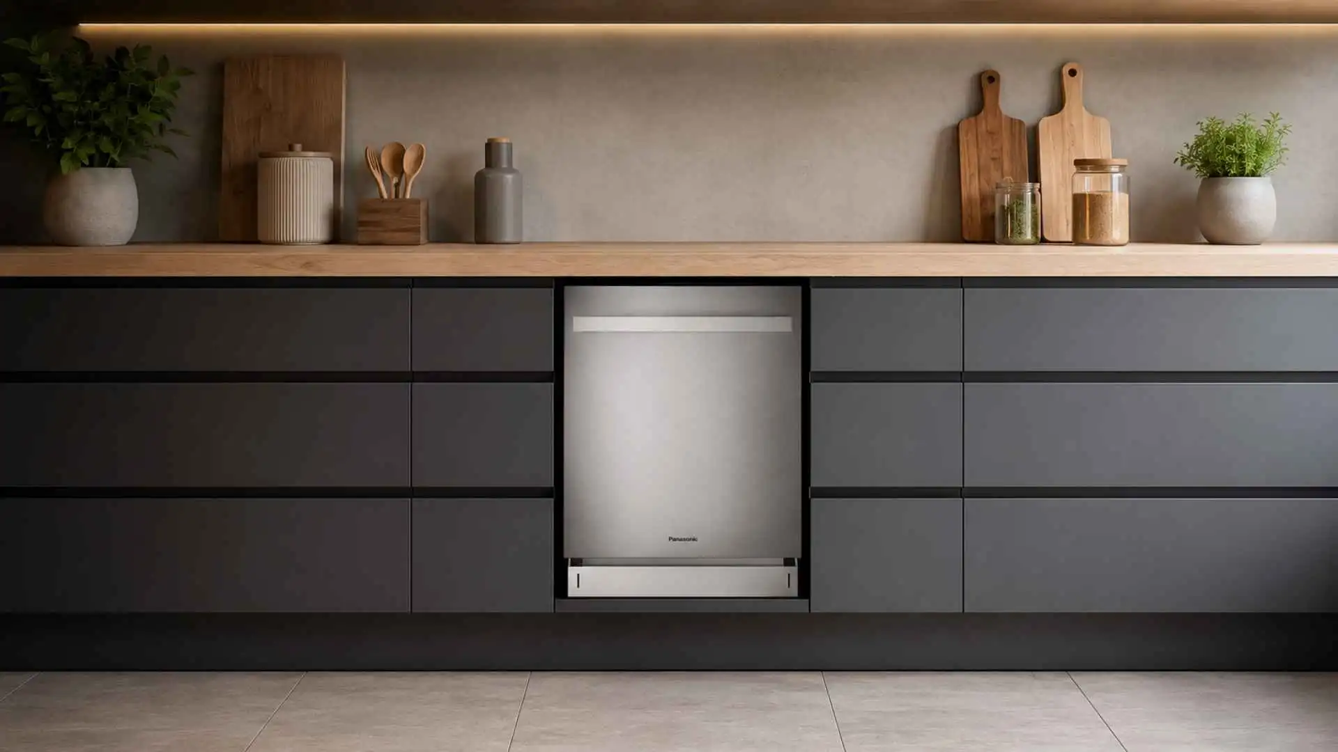 Lava-Louças PANASONIC 15 SERVIÇOS NP-6M2FTKBRP de embutir instalada em bancada de cozinha planejada moderna