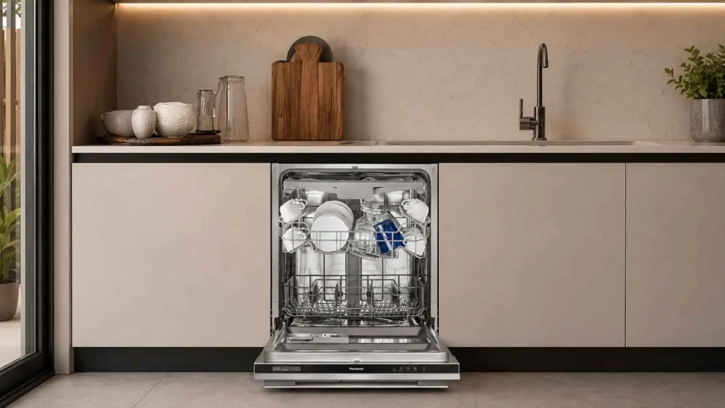 Interior da Lava-Louças PANASONIC 15 SERVIÇOS NP-6M2FTKBRP aberta exibindo os 3 cestos flexíveis com pratos, copos e panelas
