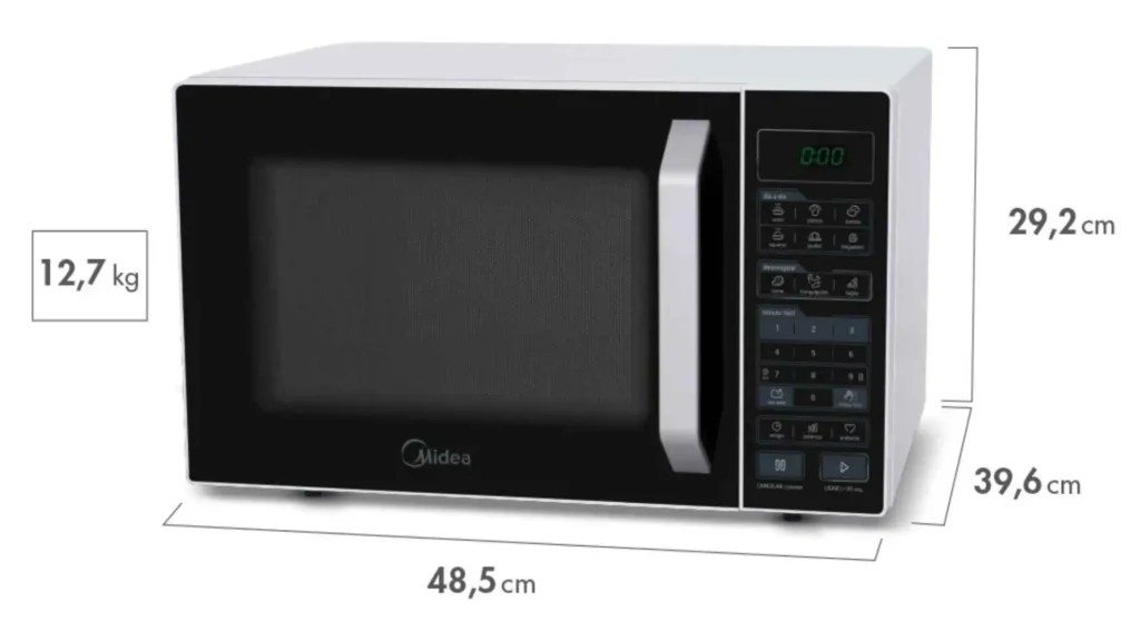 Esquema com dimensões e medidas do micro-ondas Midea 27L MXSA27P1