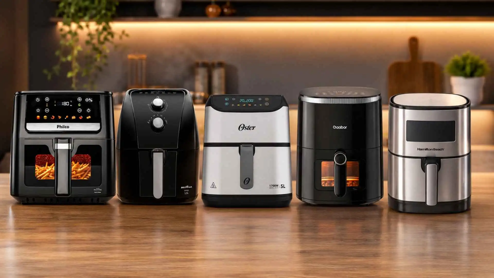 Uma seleção com as melhores air fryers de 2026 alinhadas sobre uma bancada de cozinha premium