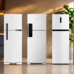 Comparativo com cinco dos melhores modelos de geladeira Frost Free de 2026 alinhados lado a lado em uma cozinha moderna