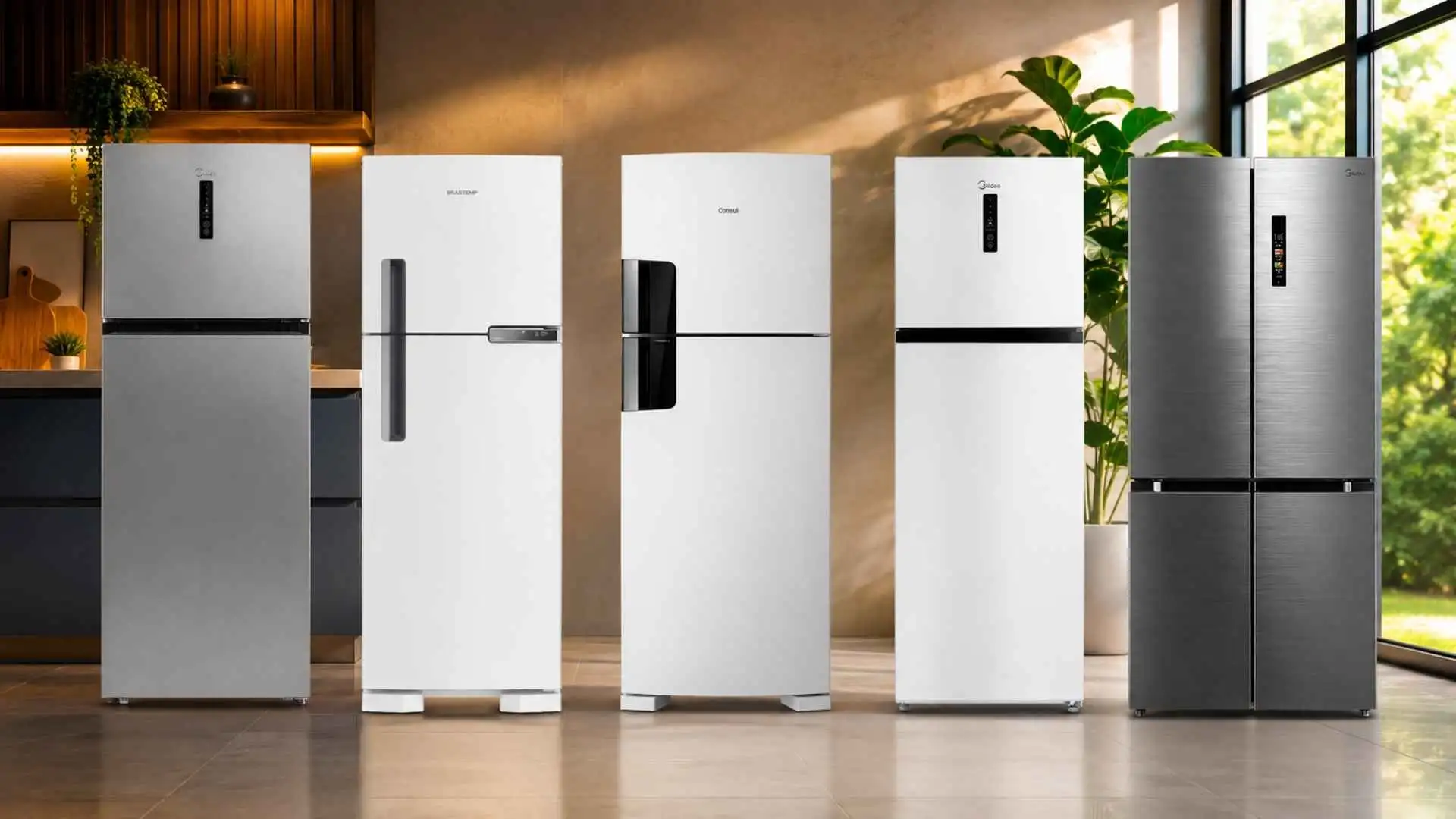 Comparativo com cinco dos melhores modelos de geladeira Frost Free de 2026 alinhados lado a lado em uma cozinha moderna