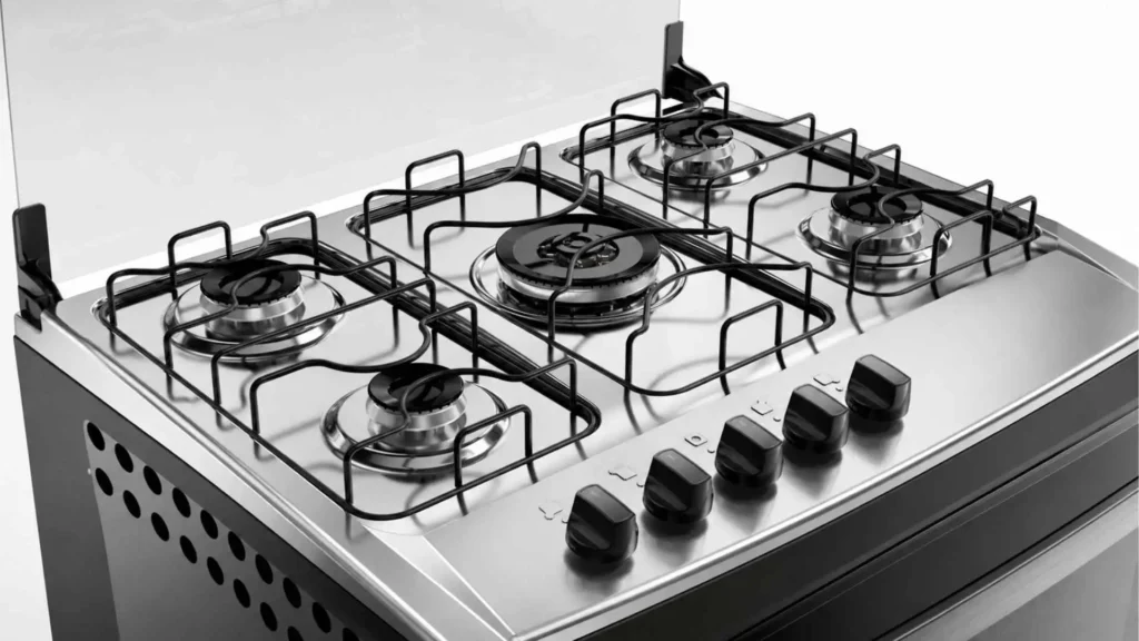 Mesa de aço inox com grades esmaltadas duplas e botões removíveis do fogão de embutir 5 bocas Dako Supreme