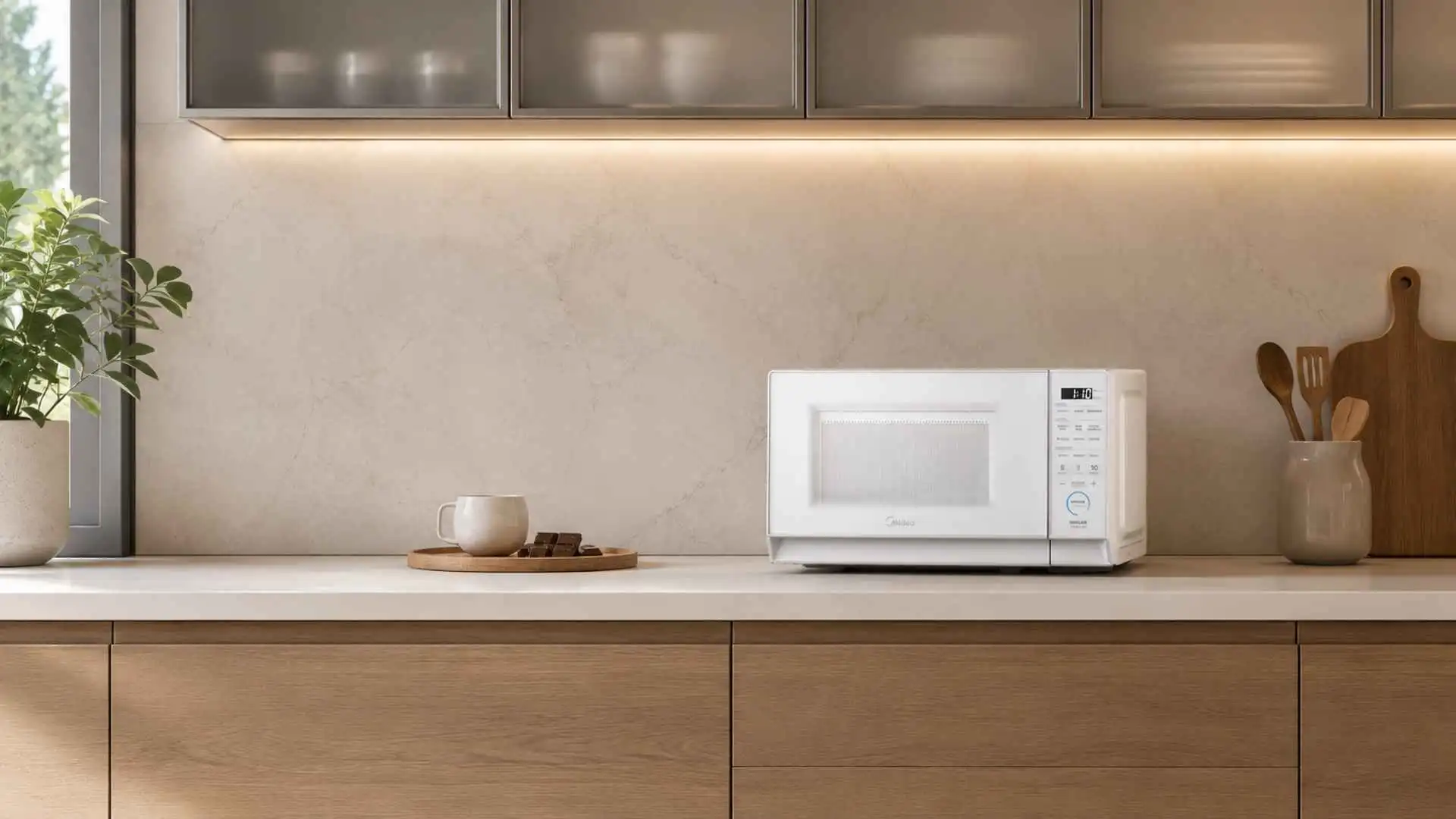 Micro-ondas 20L Midea MasterCook branco posicionado sobre a bancada de uma cozinha