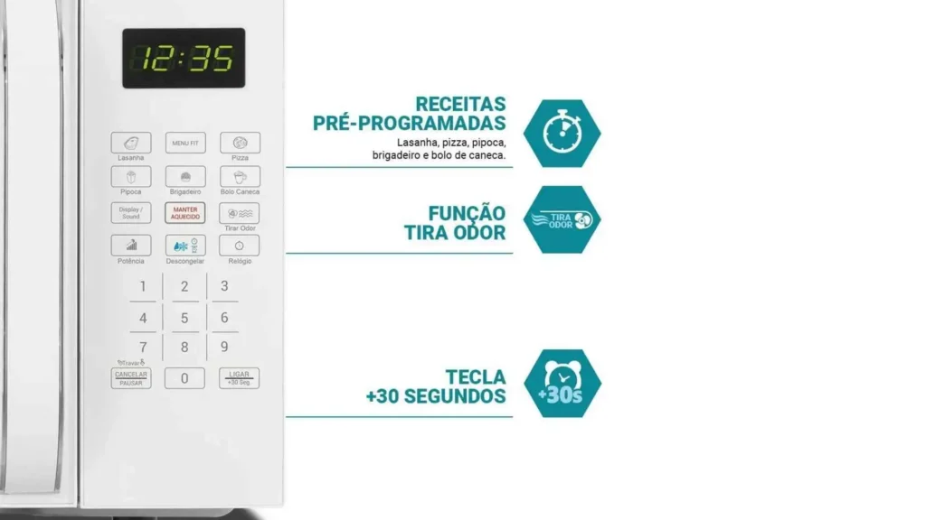 Detalhe do painel numérico e botões do micro-ondas 20L Philco PMO23B destacando as teclas de atalho