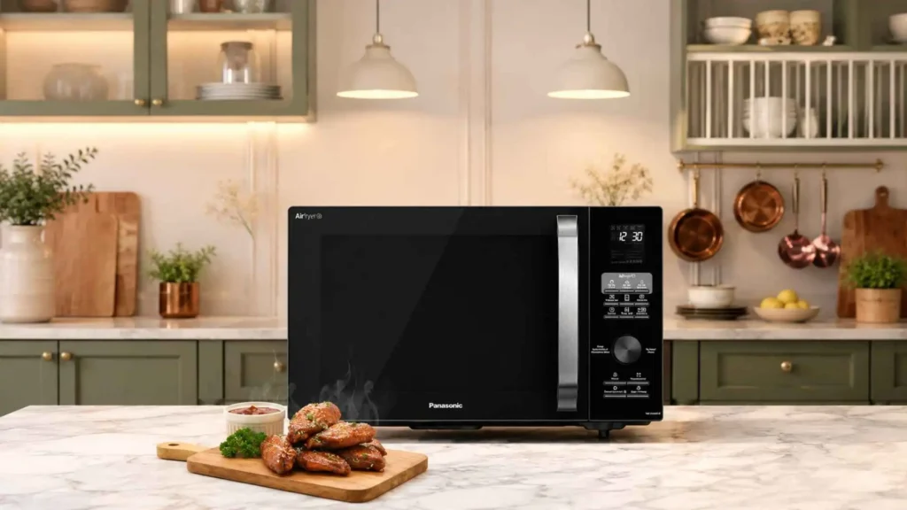 Micro-ondas 4 em 1 Panasonic NN-CD89NBRU com prato de frango empanado preparado na função Air Fryer