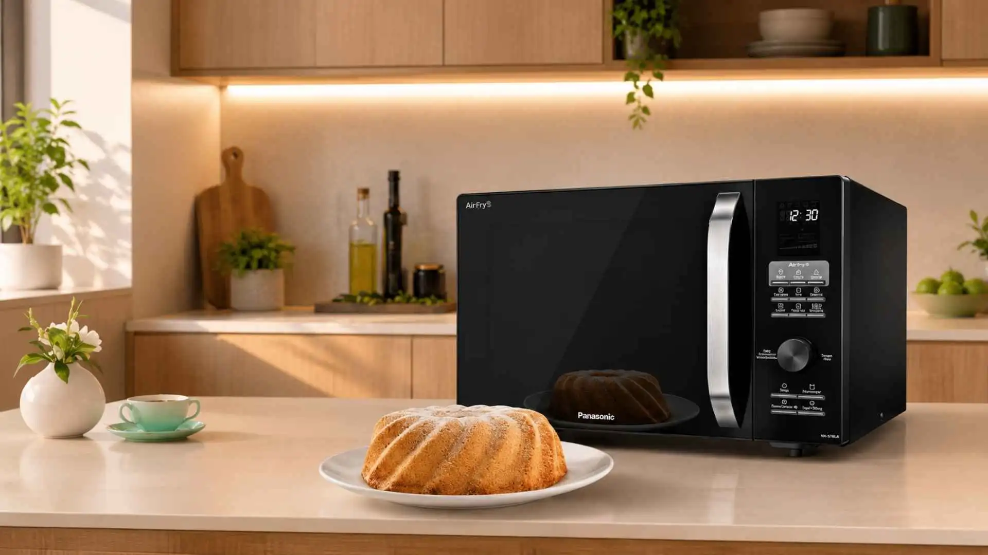 Micro-ondas 4 em 1 Panasonic NN-CD89NBRU em bancada de cozinha preparando bolo na função convecção