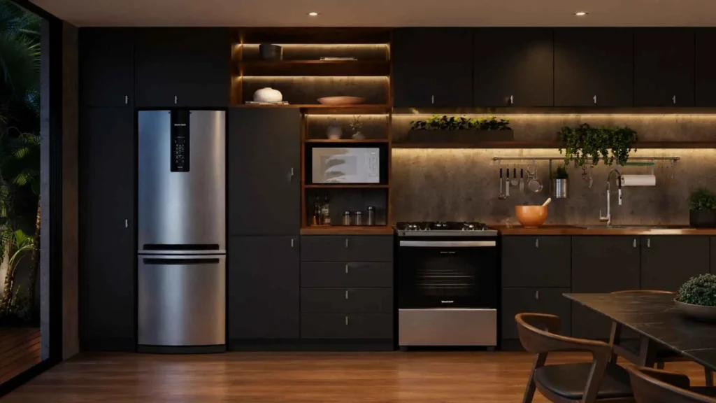 Cozinha planejada moderna com micro-ondas Brastemp 32L espelhado integrado à marcenaria