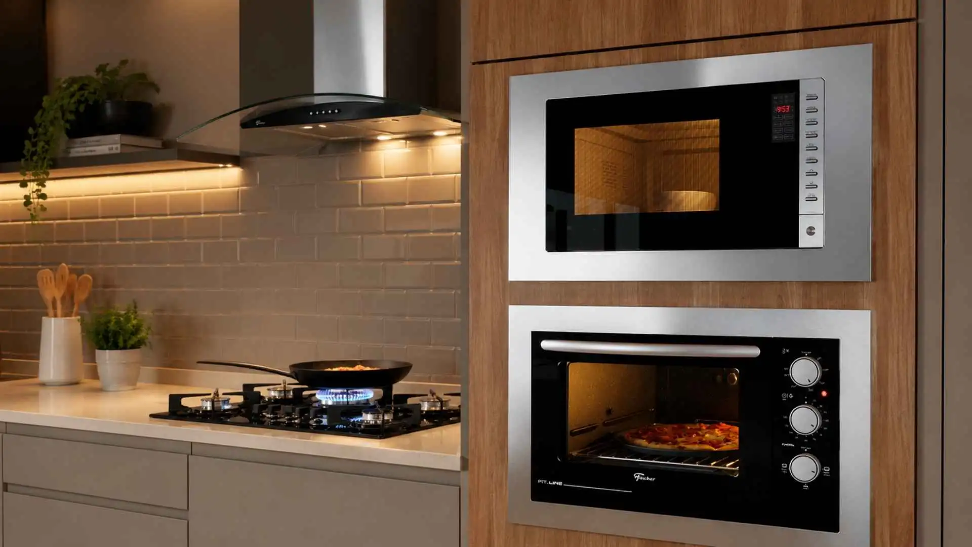 Micro-ondas de embutir Fischer 25L Fitline instalado em uma torre quente de cozinha planejada