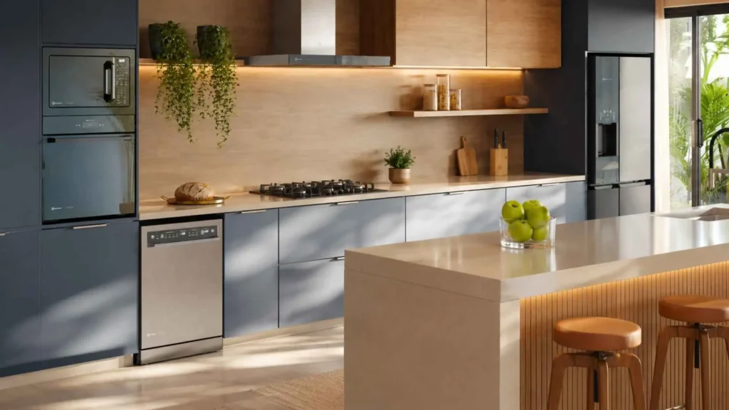 Cozinha moderna com Micro-ondas Electrolux 34L ME3HP instalado na torre de eletrodomésticos