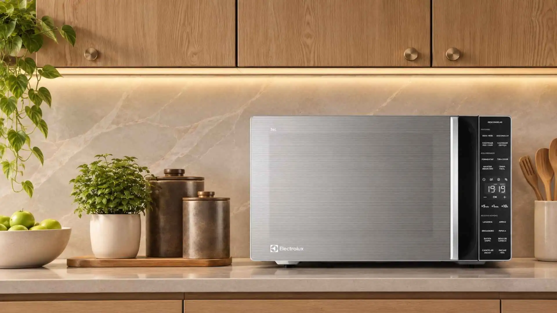 Micro-ondas Electrolux ME36S 36L espelhado instalado sobre a bancada da cozinha