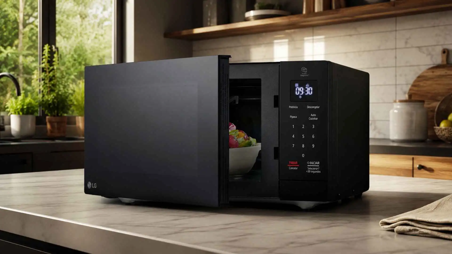 Micro-ondas LG NeoChef MS3033DS 30L preto com porta aberta em bancada de cozinha