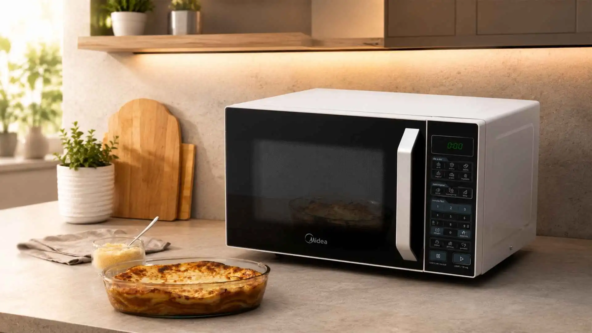 Micro-ondas Midea 27L MXSA27P1 na bancada da cozinha com prato pronto