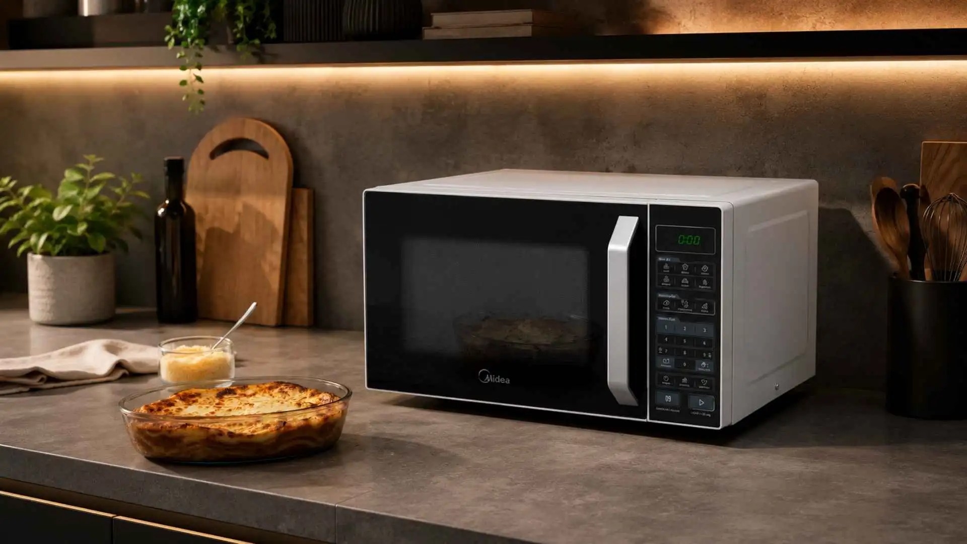 Micro-ondas Midea MXSA35P2 posicionado sobre a bancada de uma cozinha moderna