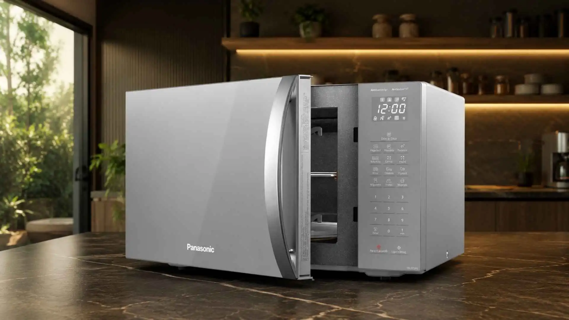 Micro-ondas Panasonic 34 Litros ST67L espelhado em bancada de cozinha