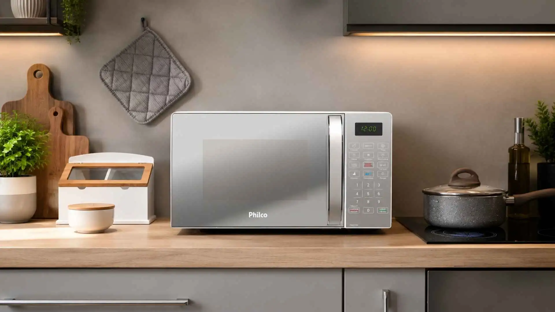 Micro-ondas Philco 20L Espelhado PMO23E instalado sobre a bancada de uma cozinha moderna