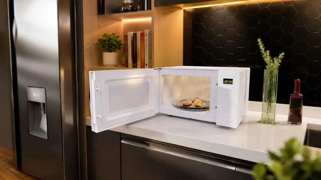 Visão interna do Micro-ondas Philco 28L PMO30B com a porta aberta mostrando a cavidade e o prato giratório
