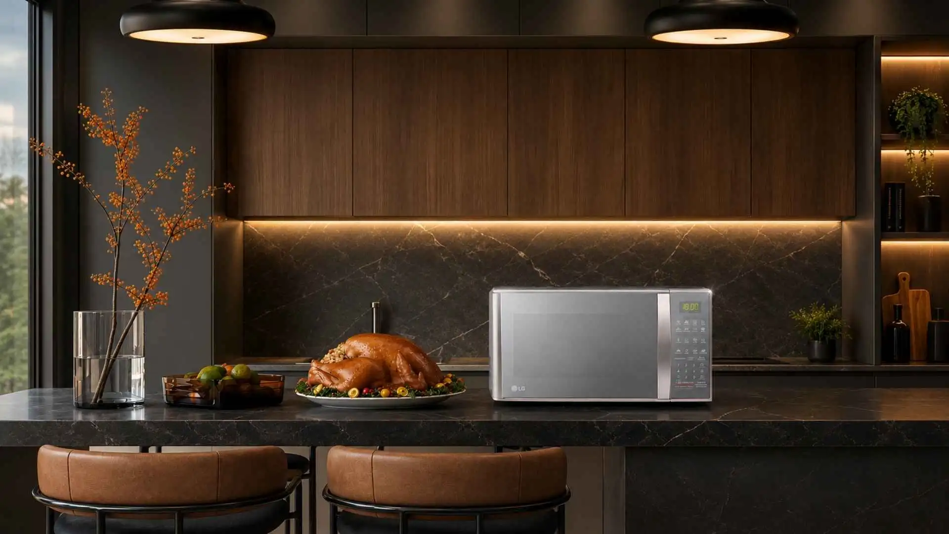Micro-ondas LG 30L Prata MS3043BR instalado na bancada de uma cozinha moderna