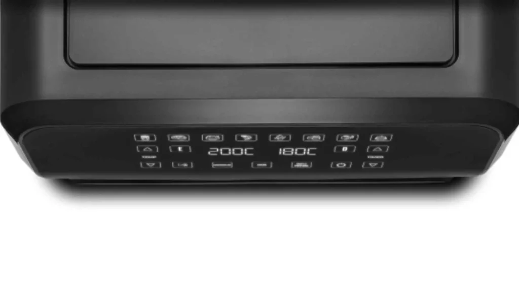 Visão aproximada do painel digital touch screen da Air Fryer Mondial Dualzone 8L destacando as funções pré-programadas e o controle de tempo.