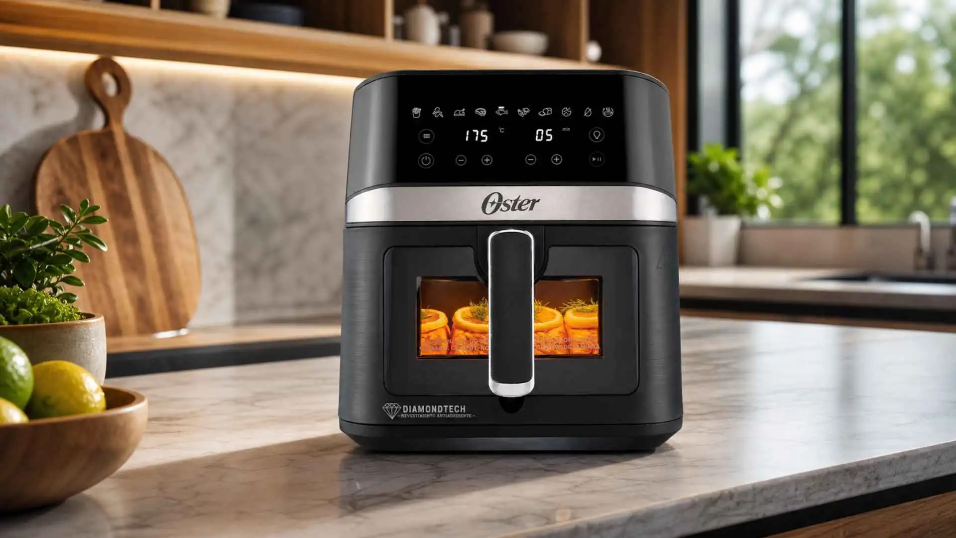 Fritadeira DiamondTech Oster 6L com visor transparente e painel digital touch sobre bancada de madeira