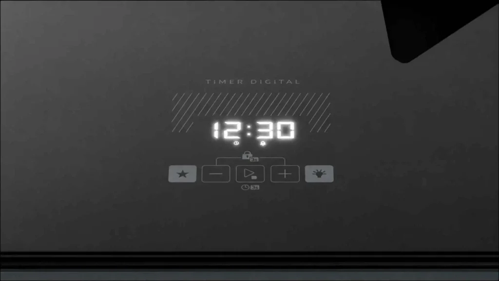 Close do painel touch control e timer digital digital aceso do Fogão 5 Bocas Dako Supreme Timer Glass Titanium