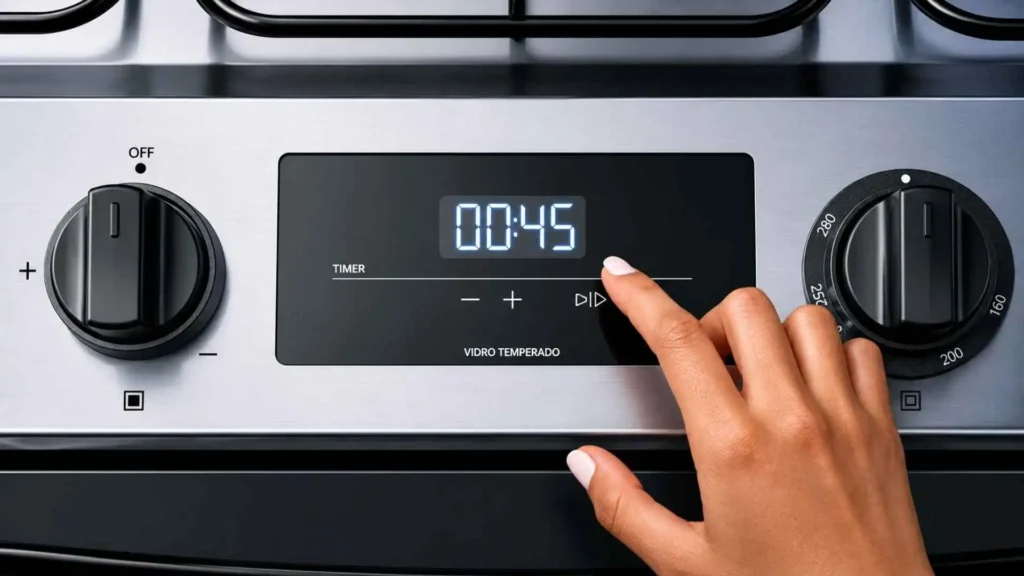 Mão interagindo com o painel digital Touch Timer do fogão de embutir Brastemp 5 bocas BYS5PCR em inox