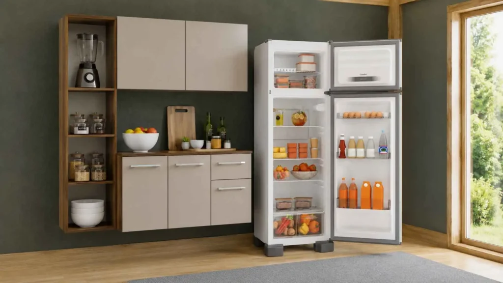Visão interna do refrigerador Esmaltec RCD38 PRO aberto e totalmente abastecido com alimentos, destacando a organização das prateleiras