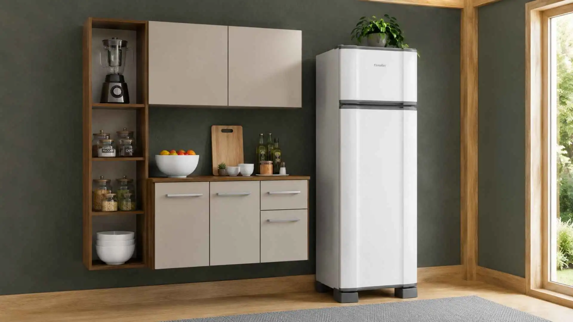 Refrigerador Esmaltec RCD38 PRO duplex na cor branca fechado e posicionado em um ambiente de cozinha planejada moderna