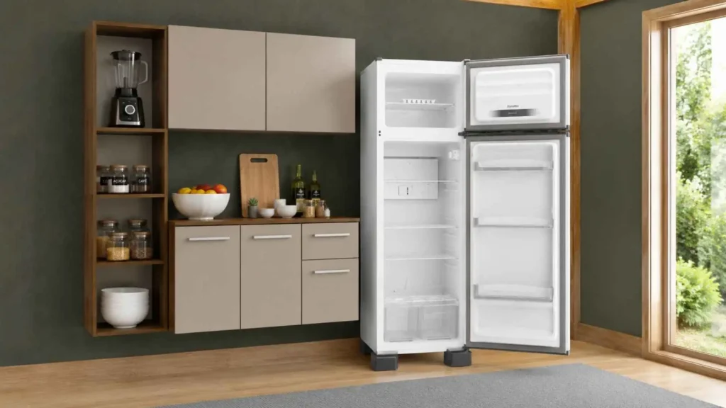 Interior vazio do refrigerador Esmaltec RCD38 PRO aberto, mostrando a iluminação lateral em LED e a gaveta dupla de legumes transparente