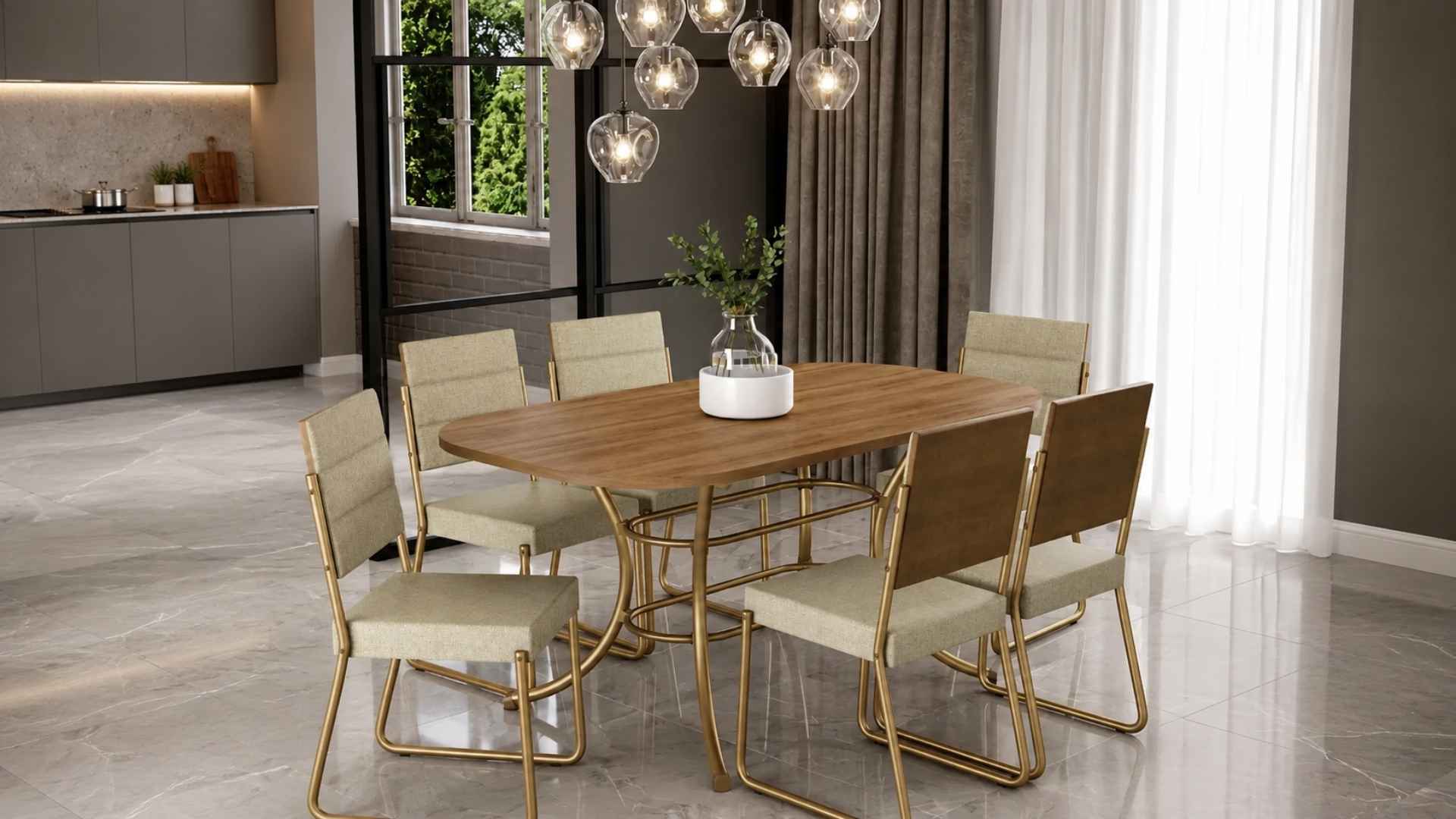 Sala de Jantar com Mesa e 6 Cadeiras Fênix Carraro acabamento dourado com cadeiras claras