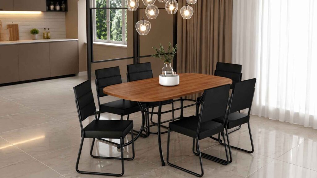 Sala de Jantar com Mesa e 6 Cadeiras Fênix Carraro com estrutura metálica e assentos pretos