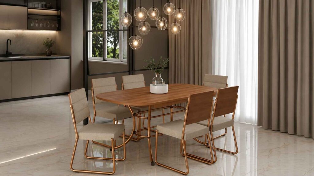 Sala de Jantar com Mesa e 6 Cadeiras Fênix Carraro na cor rosê em sala de estar integrada