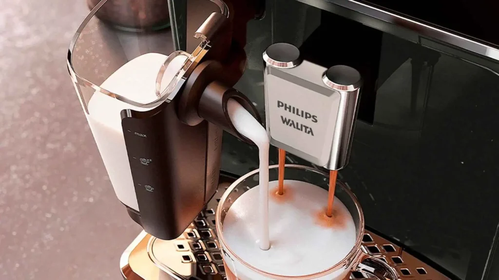 Sistema de leite da cafeteira Philips Walita LatteGo Série 2300 vaporizando espuma densa diretamente na xícara