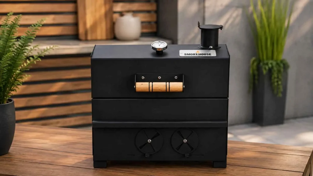 Vista frontal do defumador de bancada Smoke House Pit Table posicionado em área gourmet externa