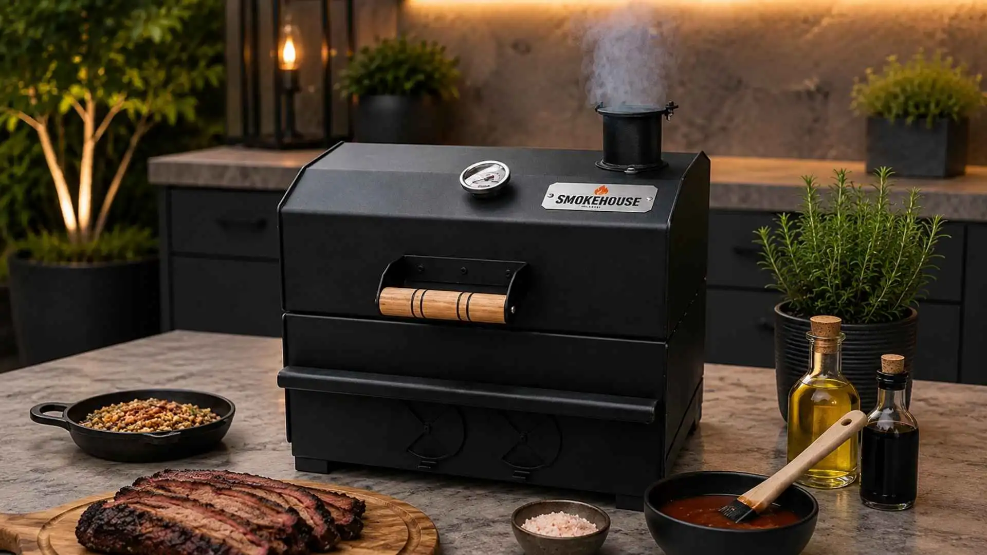 Defumador e grelha portátil Smoke House Pit Table da ArtMill fechado sobre bancada de cozinha com tábua de carne defumada
