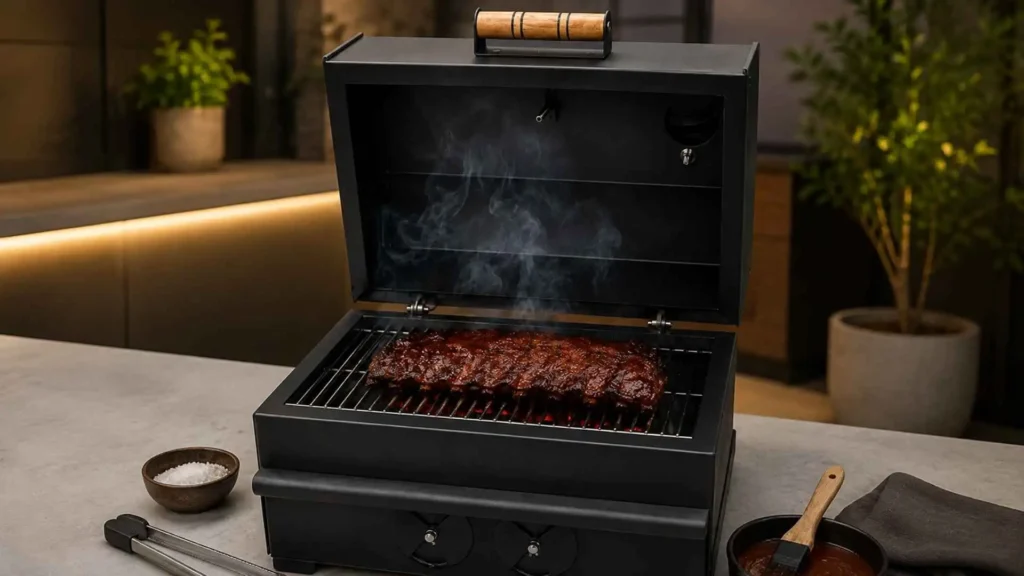 Smoke House Pit Table aberto em funcionamento com costela na grelha e saída de fumaça aromática