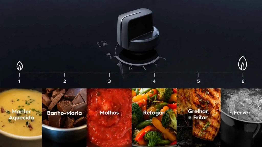 Detalhe do botão seletor de gás com a régua da tecnologia ChamaPrecisa de 6 níveis de potência do Cooktop 5 Bocas Electrolux Expert KE5GW