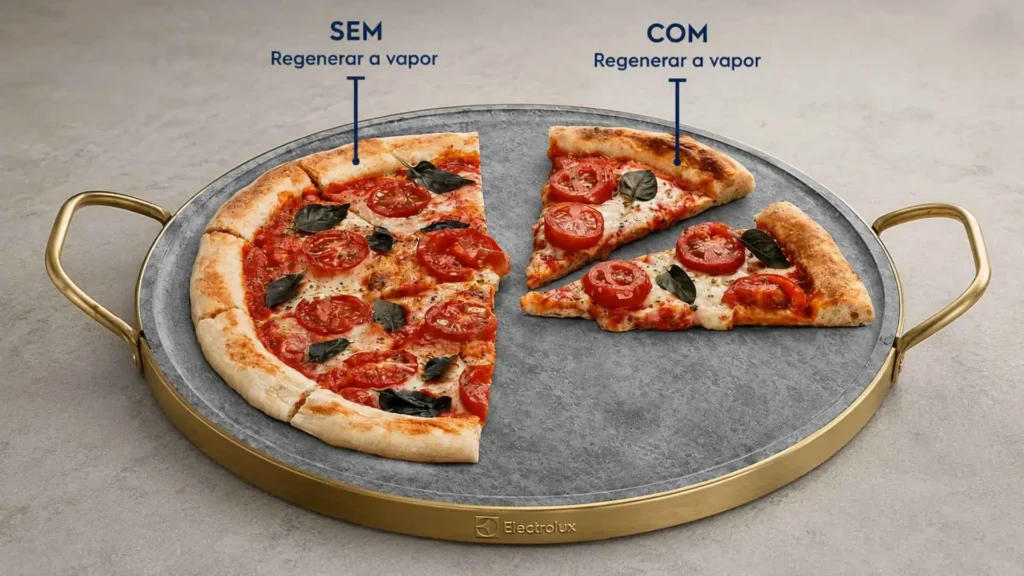 Pizza assada de forma uniforme no forno com sistema PerfectCook360 do fogão de embutir 5 bocas Electrolux FE5EC