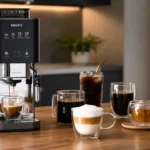 Máquina de café superautomática Krups Coffee Crush Experience CCE1 preparando café na bancada ao lado de xícaras de espresso, cappuccino e cold brew