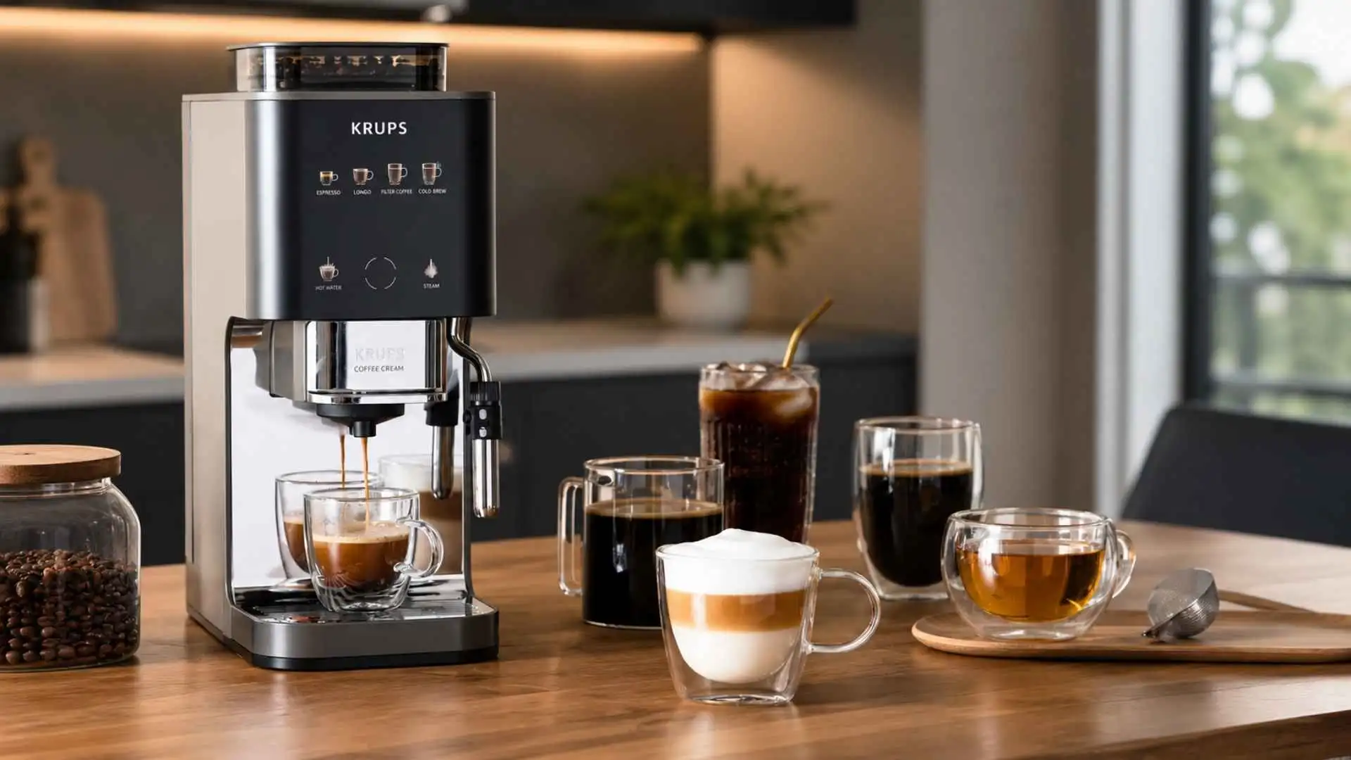 Máquina de café superautomática Krups Coffee Crush Experience CCE1 preparando café na bancada ao lado de xícaras de espresso, cappuccino e cold brew