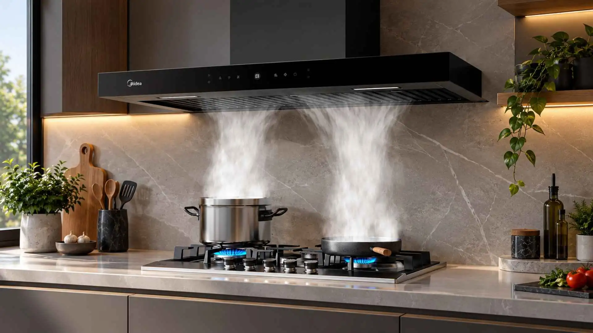Coifa de parede 90cm Midea Smart Pro instalada sobre bancada com cooktop em funcionamento sugando fumaça