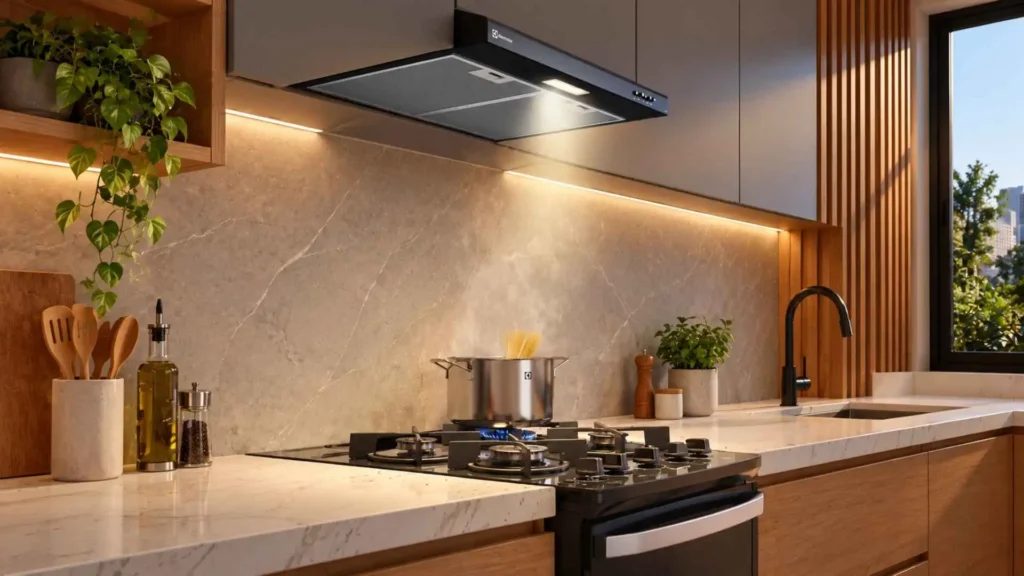 Depurador de ar Electrolux DE6SB preto instalado sobre fogão captando fumaça com luz LED acesa